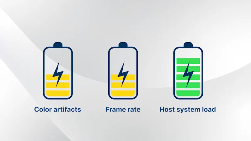 5x5 debayering combined with the smaller YCbCr pixel formats results in moderate color errors, a medium frame rate, and a low computing load on the host system.