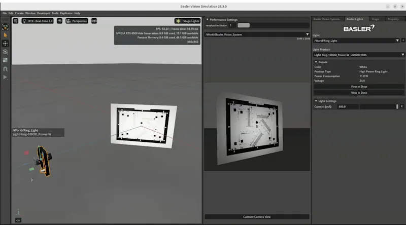 User interface of the Basler Vision Simulation