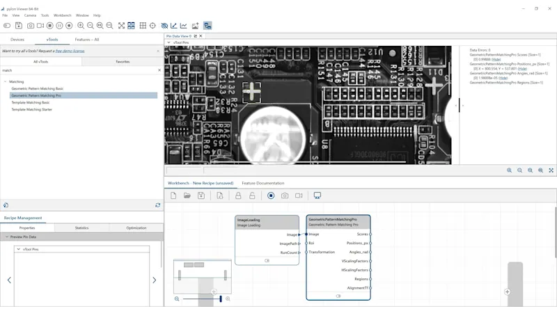 Alignment marks are detected and processed through easy-to-use pylon software to establish accurate coordinates for PCB alignment before line scan inspection.