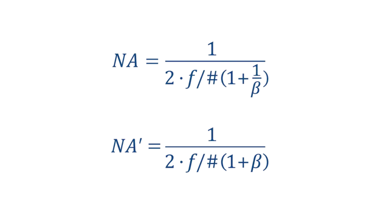 When calculating NA and NA' the effective F-number (f/#) should be used instead of the nominal value. NA′ accounts for lateral magnification (β), and is related to NA by a 1/β factor.
