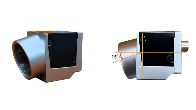 Compact custom camera solution with 15° tilt mount for Scheimpflug imaging