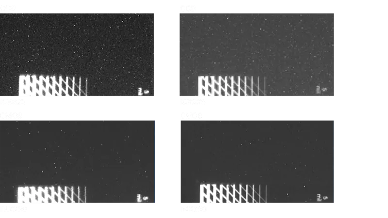 Figure 5. Comparaison du comportement du bruit (avec le bruit du courant d'obscurité) des caméras CCD et CMOS avec un temps d'exposition de 4 s. Avec l'aimable autorisation de Basler AG.