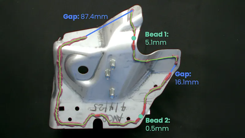 접착 비드 정밀 분석: 갭 발생 여부, 부품 에지까지의 거리 불량, 접착 도포 두께를 구분하여 분석합니다.