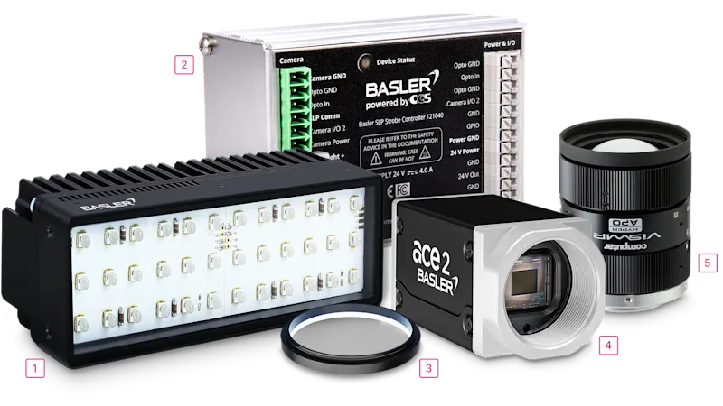 SWIR Vision System-Bausteine: Basler ace 2 X visSWIR-Kamera, passende Objektive, Beleuchtung und Filter