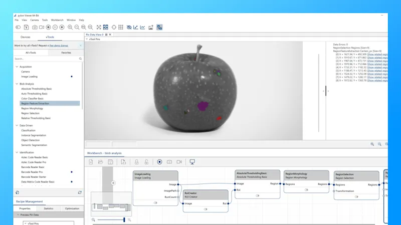 Blob analysis reliably determines rejects, impurities or sugar content.