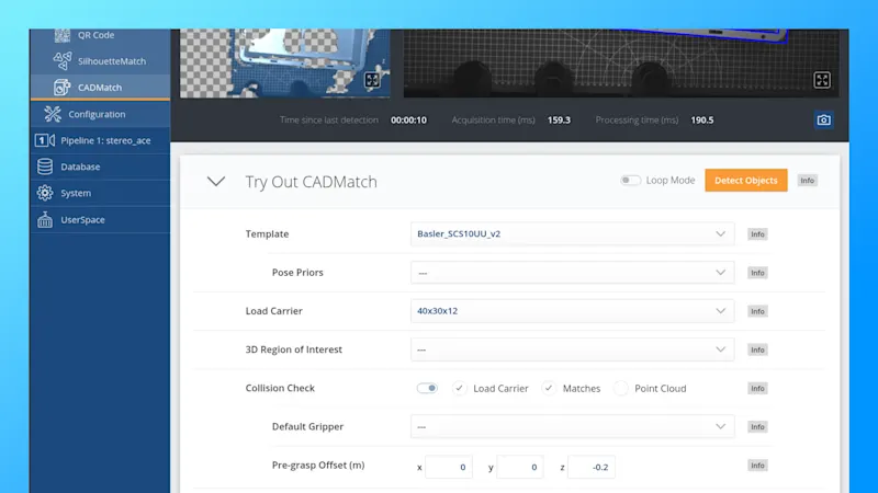 User interface for easy parameterization of the 3D CADMatch module