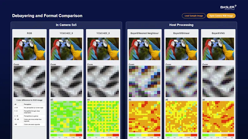 The Color Artifact Visualizer shows the color error ΔE for different combinations of pixel format and debayering method.