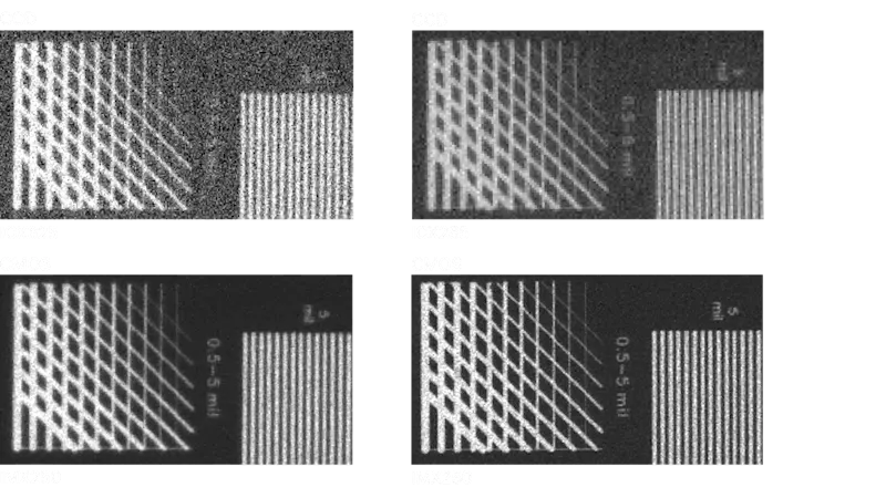 Figure 4. Comparaison du comportement du bruit (bruit d'obscurité temporel) des caméras CCD et CMOS avec un temps d'exposition de 10 ms.