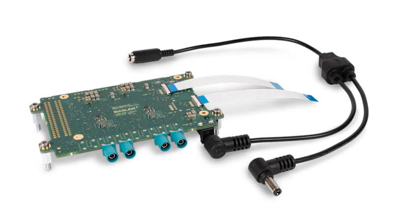 The adapter kit (consisting of an adapter board, two flat flex cables, and a power splitter cable) connects up to four ace 2 GMSL cameras with the NVIDIA Jetson Orin Nano™ Super Developer Kit and serves as an aid in the evaluation phase.