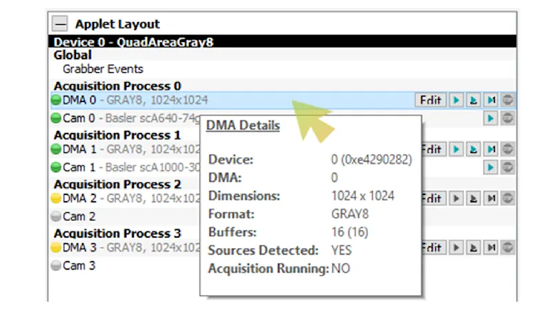 DMA-Details informieren über die wichtigsten Applet-Leistungsmerkmale und -Einstellungen
