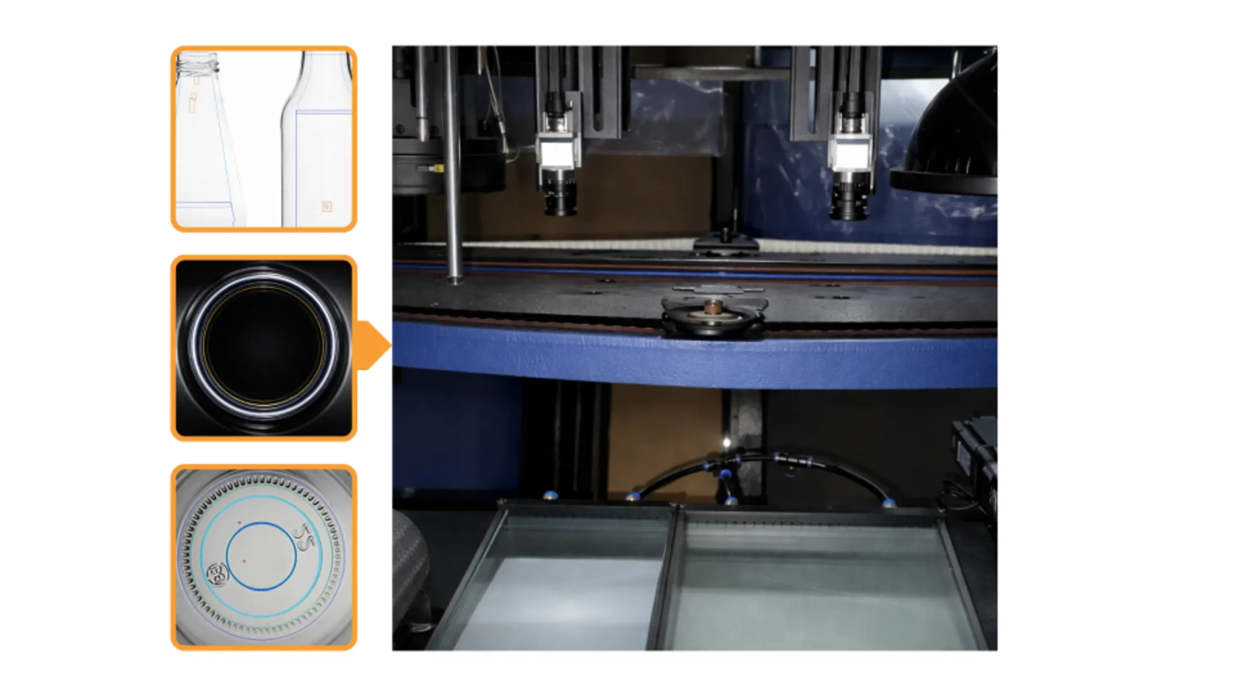 High-speed glass bottle inspection demands fast, glare-free imaging with complete coverage.