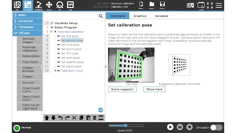 Precise hand-eye calibration of camera and robotic arm via web GUI or via the REST API interface.