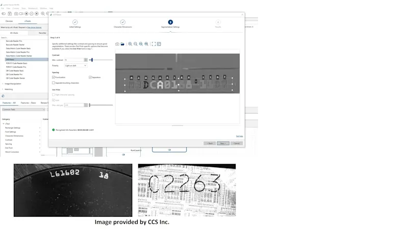 Screenshot of Basler vision software performing OCR on a laser-marked wafer ID, showing character segmentation and recognition settings.