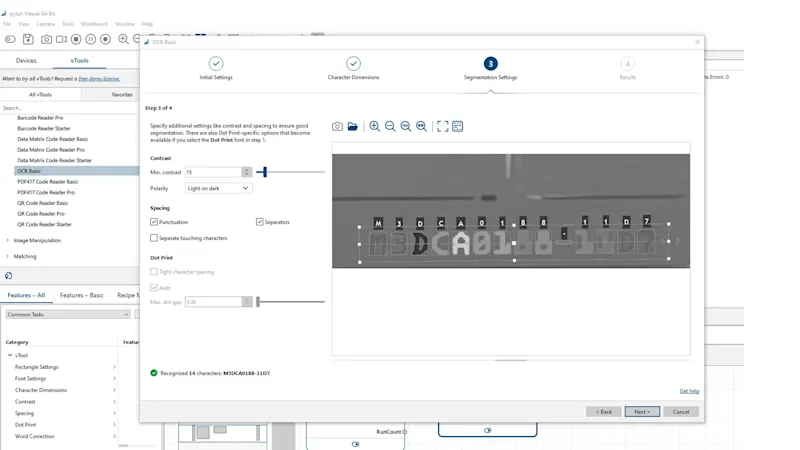 Screenshot of Basler vision software performing OCR on a laser-marked wafer ID, showing character segmentation and recognition settings.