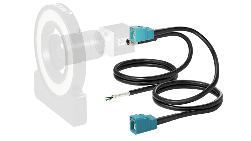 The coaxial cable with FAKRA plug ensures stable data transmission and enables a single-cable solution between the ace 2 GMSL camera and industrial PC thanks to Power over Cable.