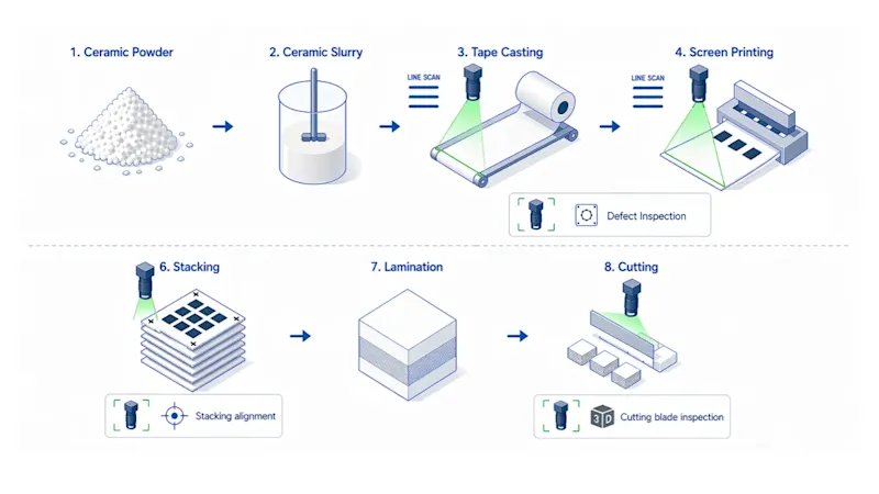 Vision inspection points across MLCC process: line scan for web inspection, alignment control in stacking, and blade chipping 3D inspection in cutting.