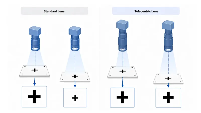 Alignment marks enlarge with stack height under standard lenses due to perspective. Telecentric optics maintain constant magnification, though liquid lenses may introduce slight variation.