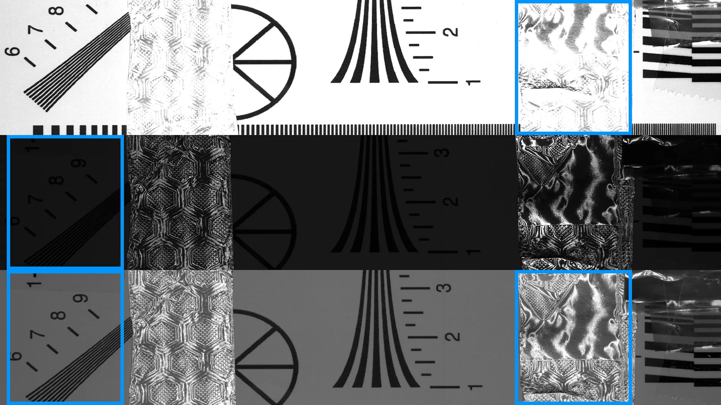 上圖:標準動態範圍影像,部分區域過曝。中圖:標準動態範圍影像,暗部細節不足。下圖:高動態範圍(約 100 dB)HDR 影像,具備更佳的細節還原能力。