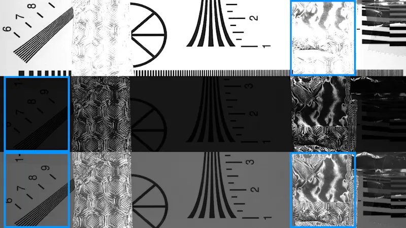 Top: Image with standard dynamic range and overexposed areas. Center: Image with standard dynamic range and dark areas lacking detail. Below: HDR image with a high dynamic range of approx. 100 dB and better detail reproduction.