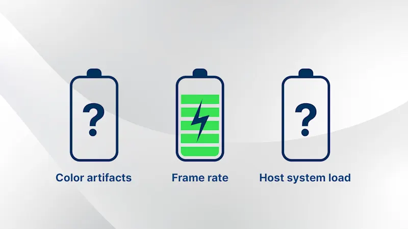 Transmitting image data in Bayer 8-bit format enables the maximum frame rate, while the host system's computing load depends on the chosen debayering method.