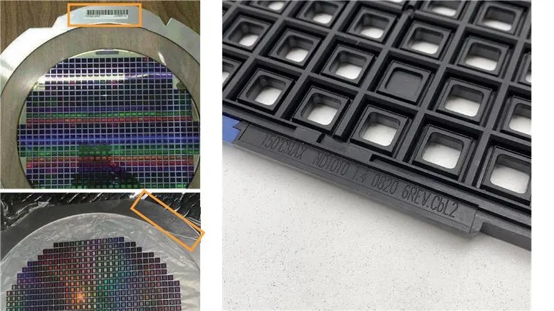 Semiconductor wafer with barcode label and diced die pattern (left); plastic chip tray with laser-etched part identification code (right).