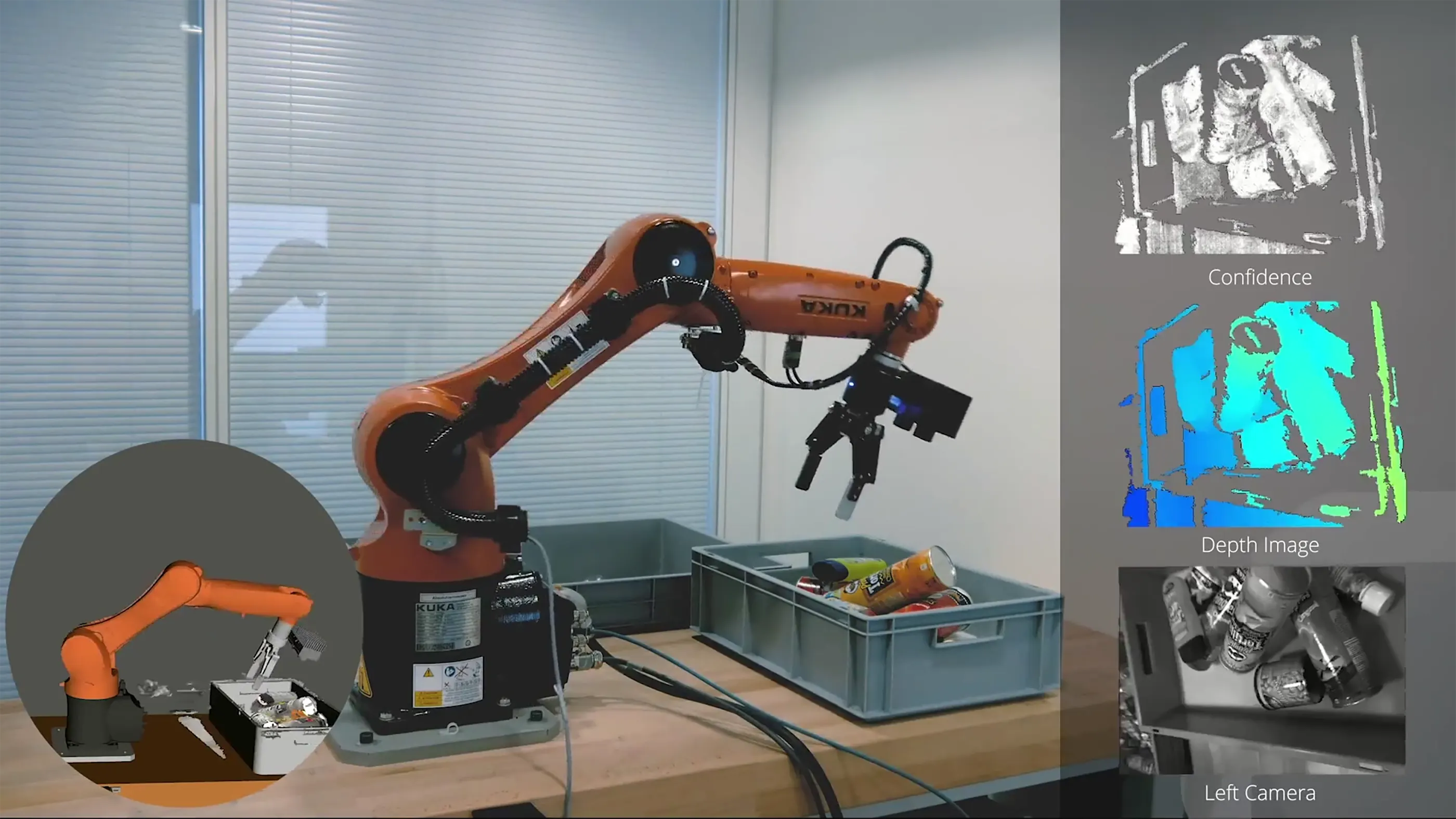 La caméra Stereo visard sur un bras robot pénètre de manière fiable dans les boîtes et trie les objets