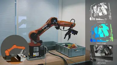 The Stereo visard camera on a robot arm reliably reaches into boxes and sorts objects