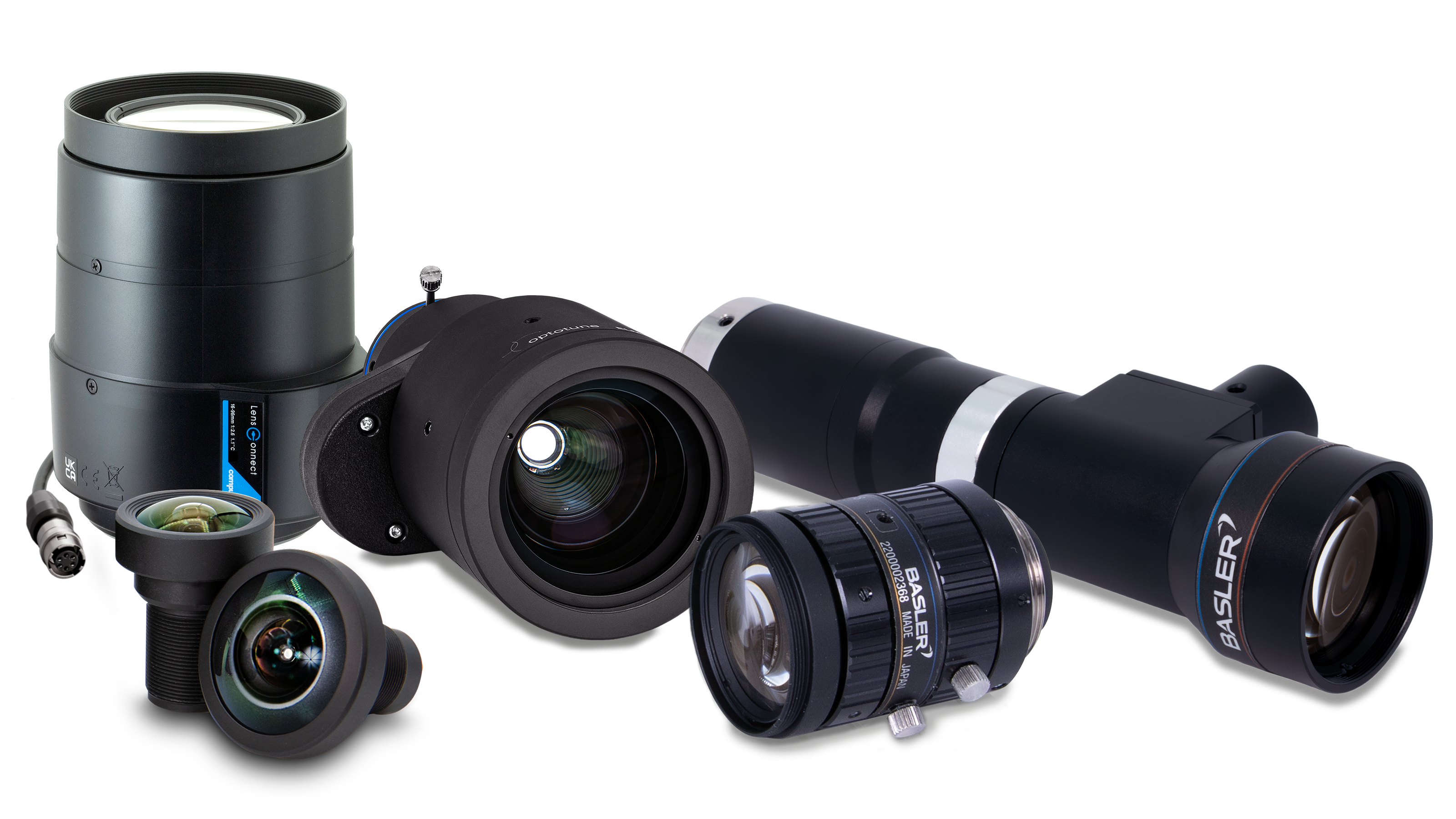 Baslers umfangreiches Portfolio an Machine Vision Objektiven umfasst Festbrennweiten- und telezentrische Objektive sowie Fokus-steuerbare Objektive.
