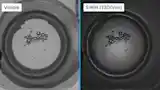 Under visible light, the transparent lens is nearly invisible against its background. At 1300 nm SWIR illumination, the lens becomes clearly defined, enabling precise detection and inspection.