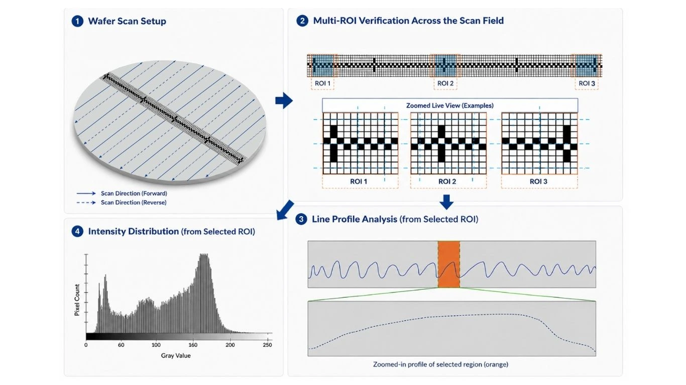 Multi-ROI verification workflows help stabilize synchronization, focus consistency, and signal quality across the full TDI wafer scan field.