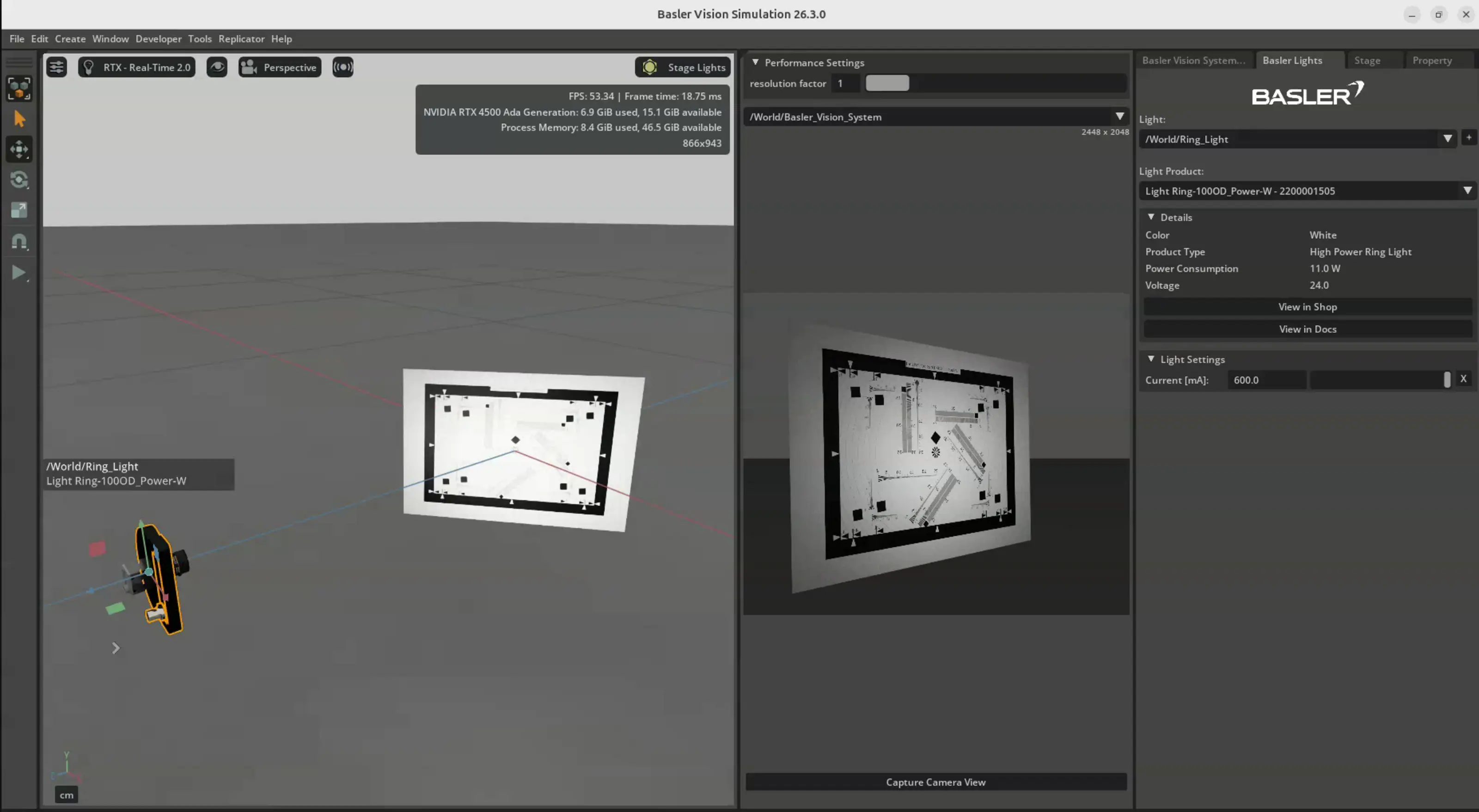 User interface of the Basler Vision Simulation