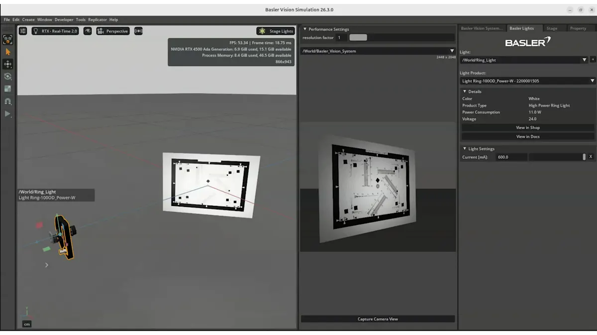 User interface of the Basler Vision Simulation