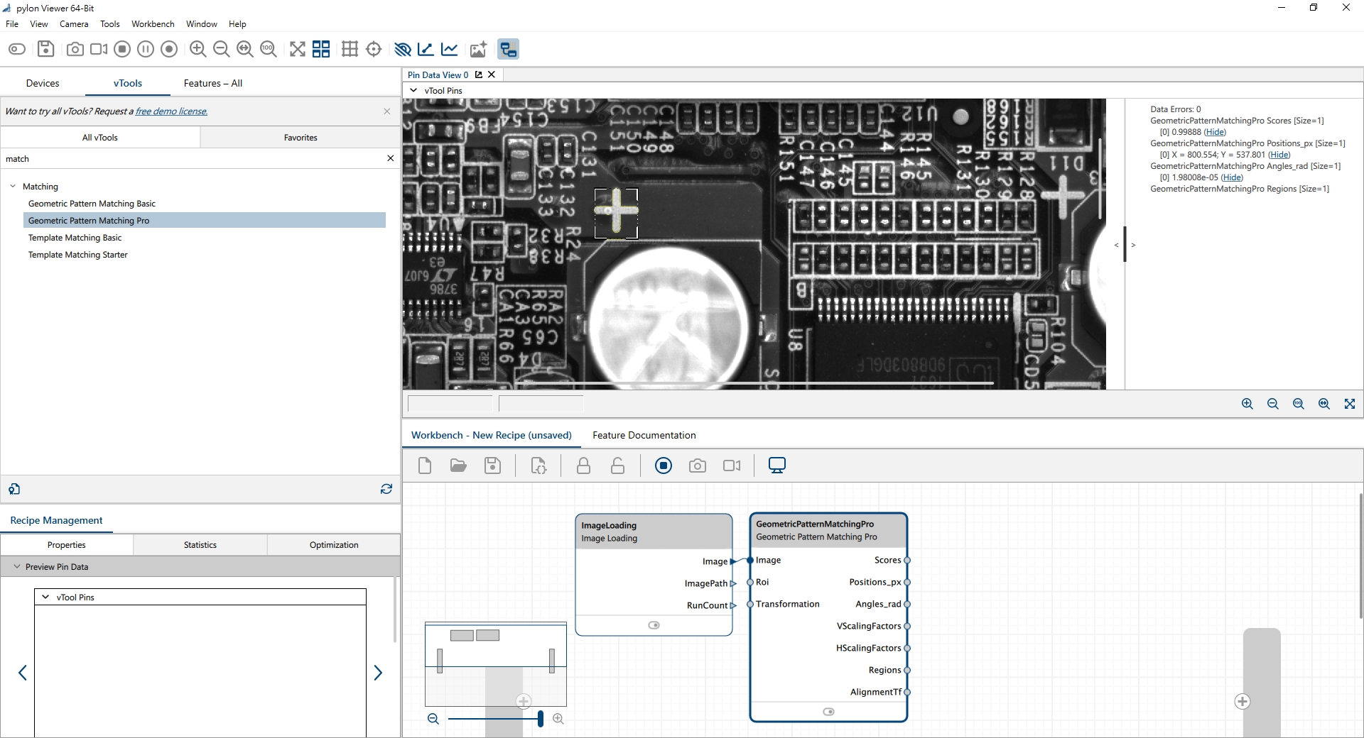 Alignment marks are detected and processed through easy-to-use pylon software to establish accurate coordinates for PCB alignment before line scan inspection.