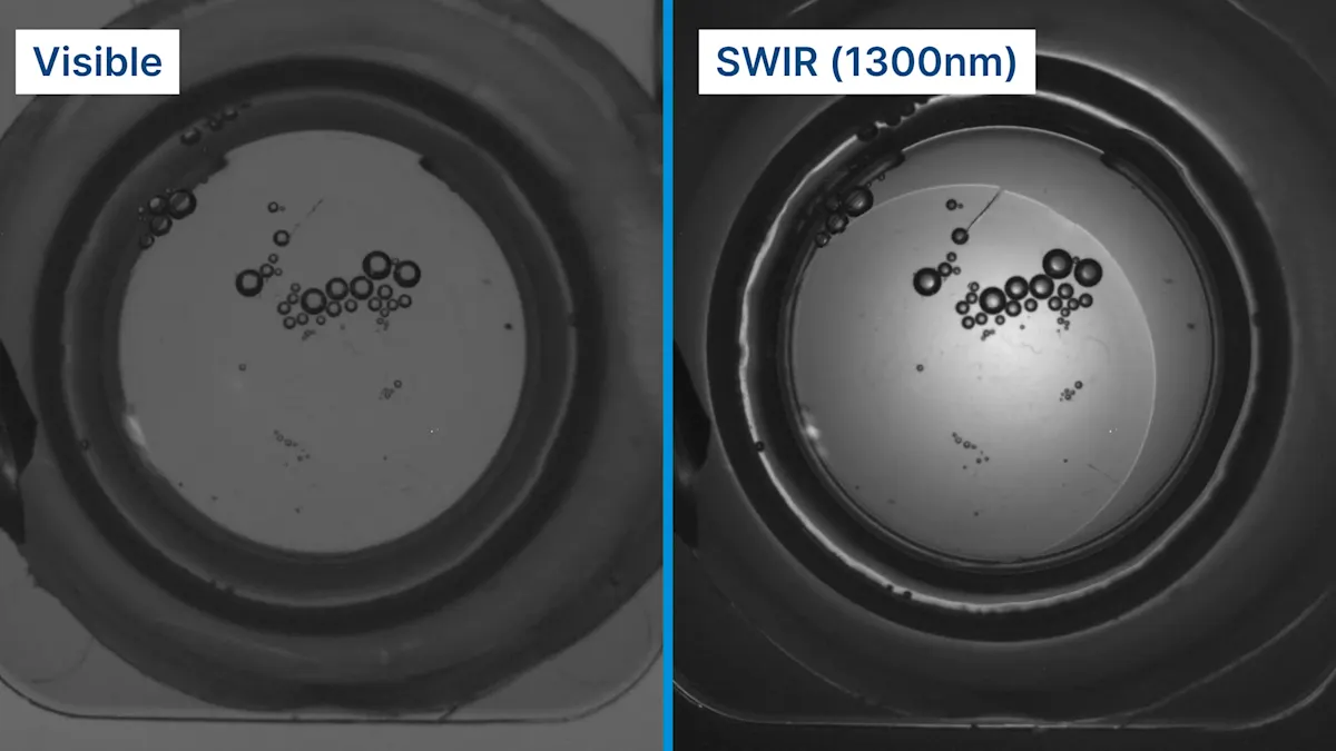 Scratches and surface defects on the contact lens become clearly visible under 1300 nm SWIR illumination, revealing details that remain hidden under standard visible light.