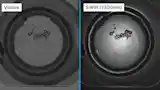 Scratches and surface defects on the contact lens become clearly visible under 1300 nm SWIR illumination, revealing details that remain hidden under standard visible light.