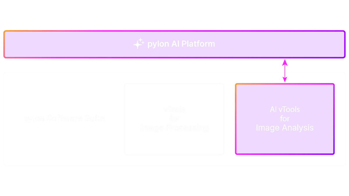 pylon AI è costituita dalla piattaforma pylon AI, un'applicazione web che ottimizza i modelli AI in base ai dati delle immagini, e da pylon AI vTools, i componenti aggiuntivi che eseguono i modelli AI.