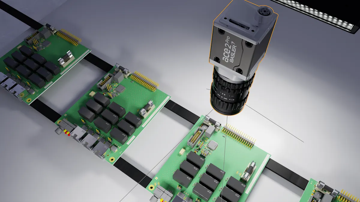 Pour les applications dans le domaine de l'électronique, un jumeau numérique peut être utilisé pour planifier le système de traitement d'image idéal sans avoir besoin d'installations d'essai physiques.