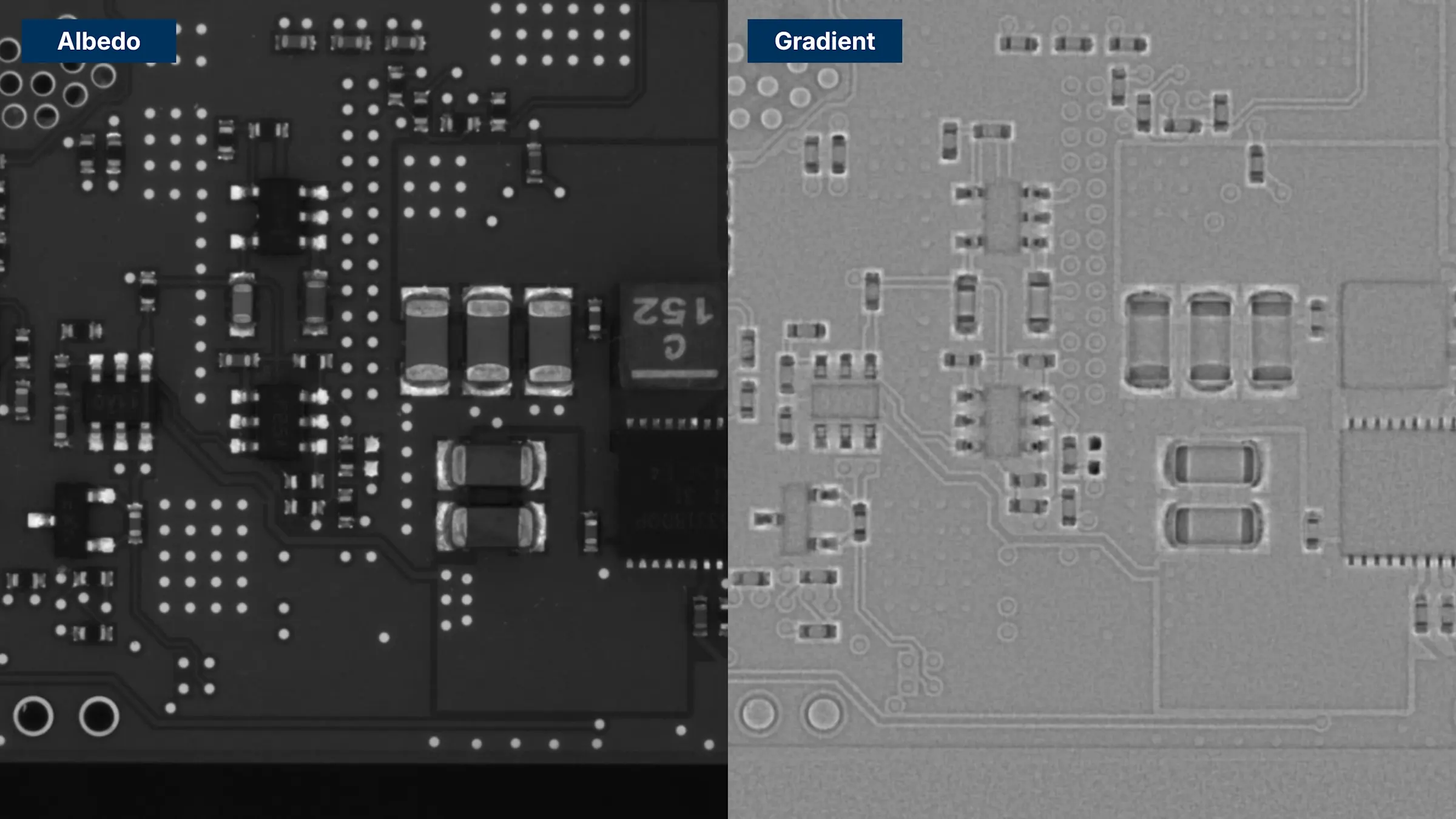 Left: Albedo (surface appearance). Right: Surface Gradient (surface geometry). Photometric stereo separates geometry from appearance, enabling defect detection independent of print, color, and texture.