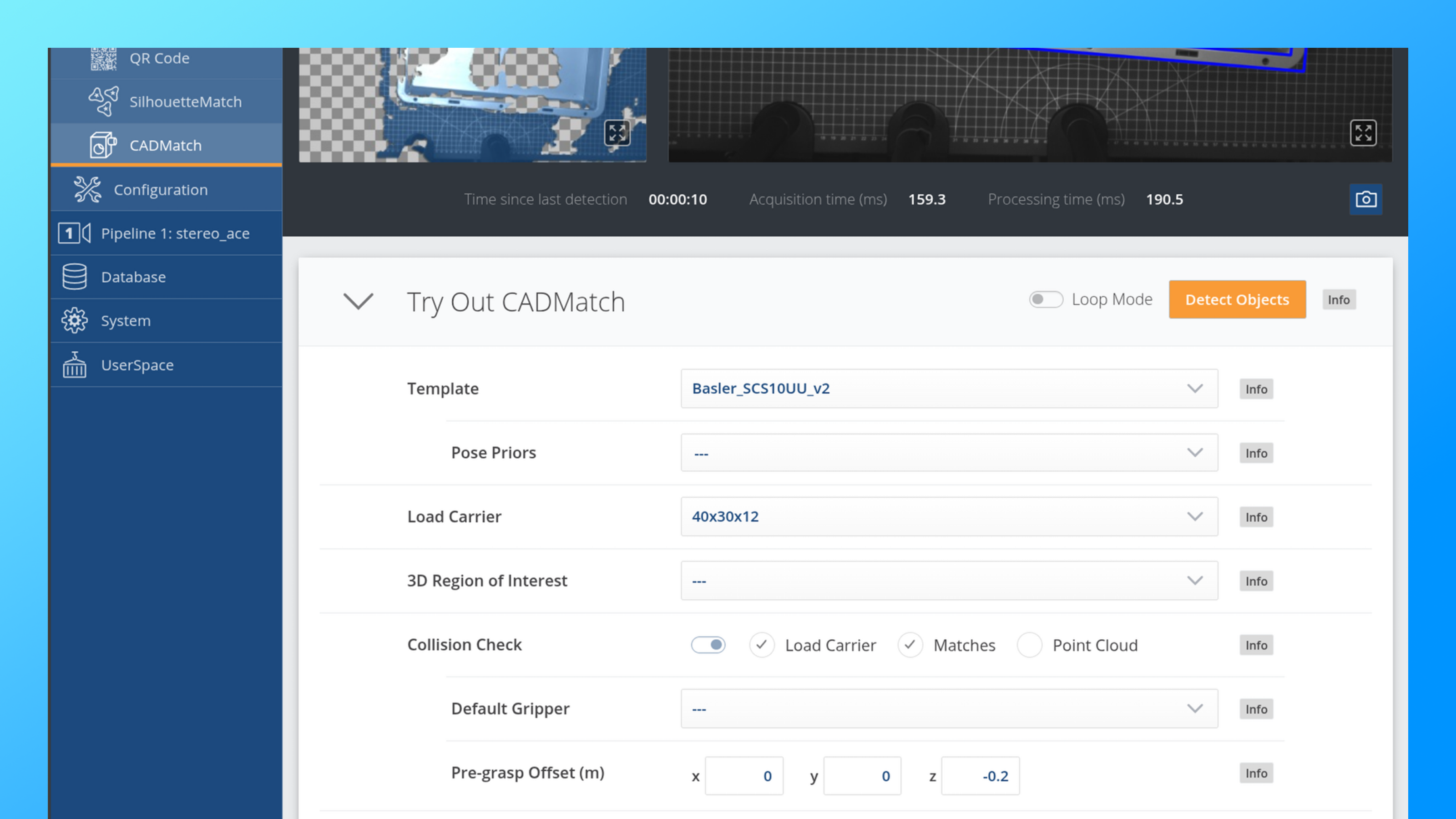 User interface for easy parameterization of the 3D CADMatch module