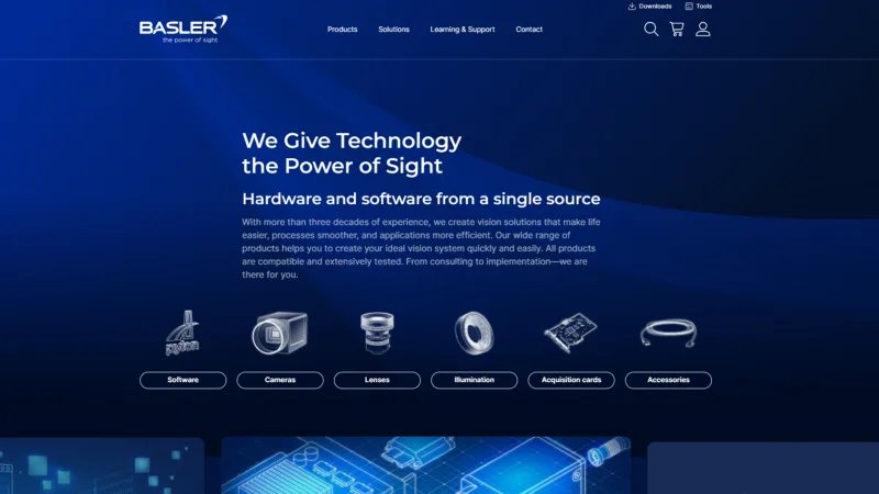Basler AG's redesigned website with a new UX design, more than 3,000 products, solution concepts and information about vision technology.