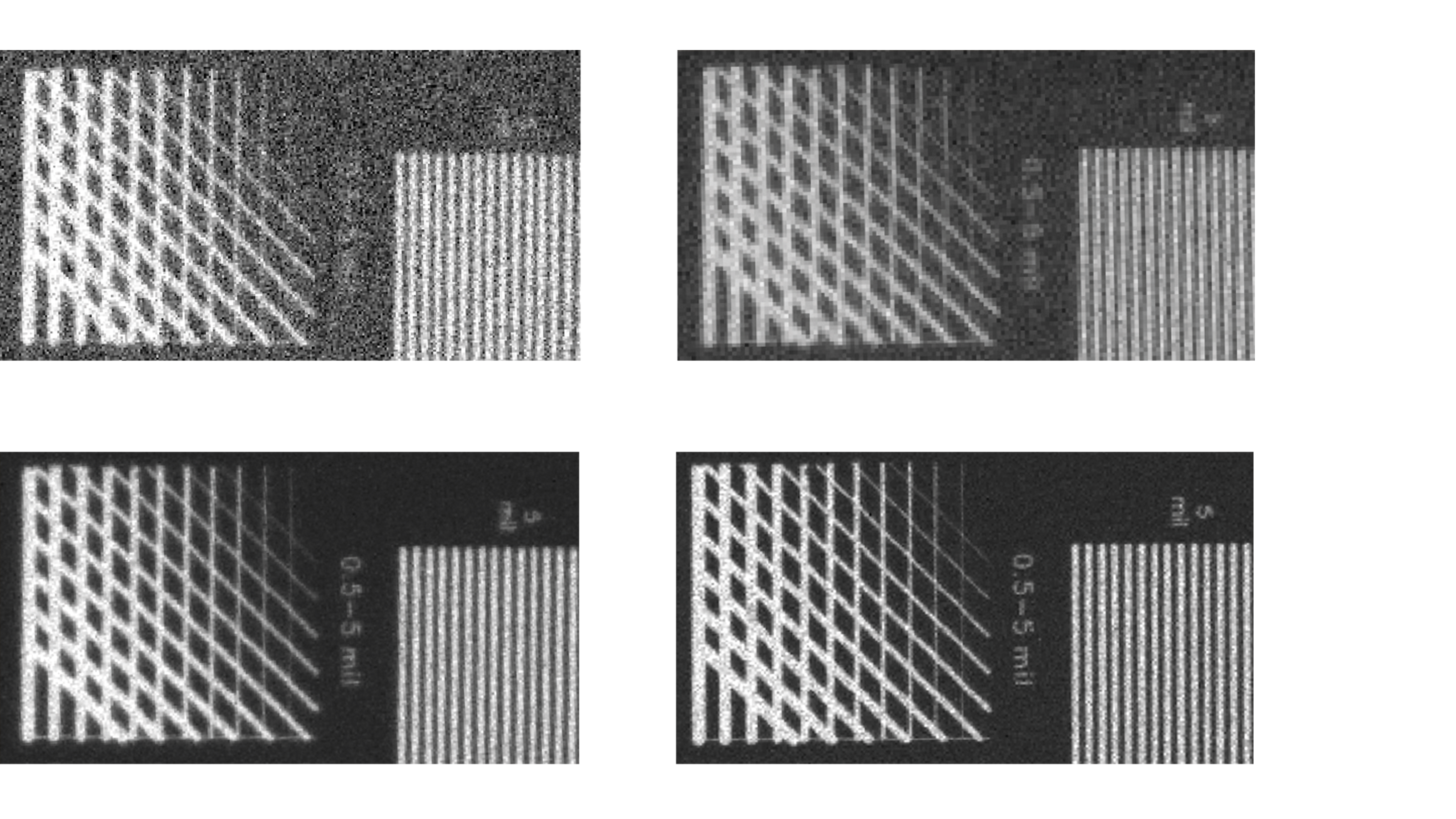 Vergleich des Rauschverhaltens (mit Dunkelstromrauschen) von CCD- und CMOS-Kameras bei einer Belichtungszeit von 10 ms.