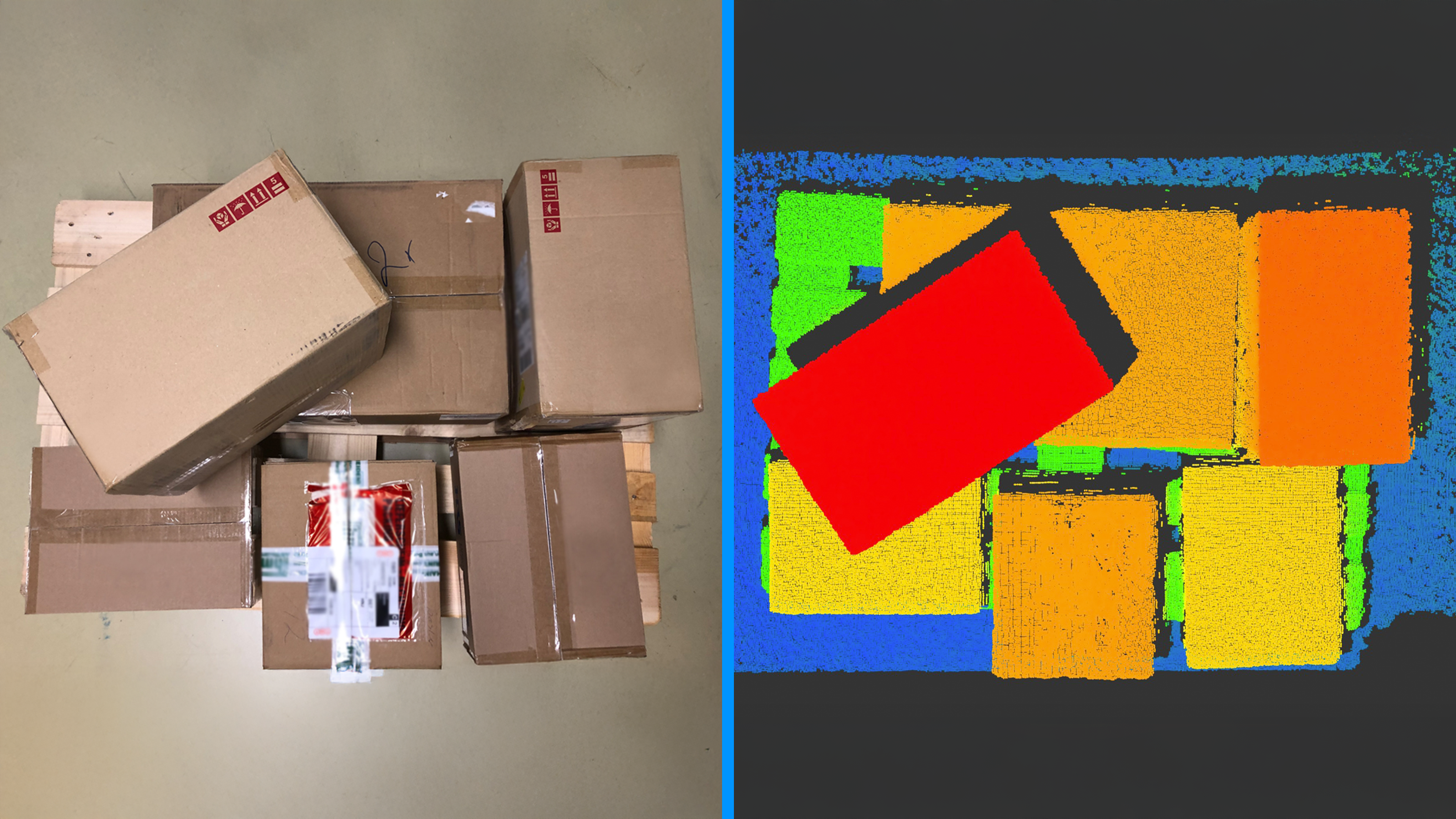 Parcels on Euro pallet in 2D (left) and as 3D point cloud in false colors (right)