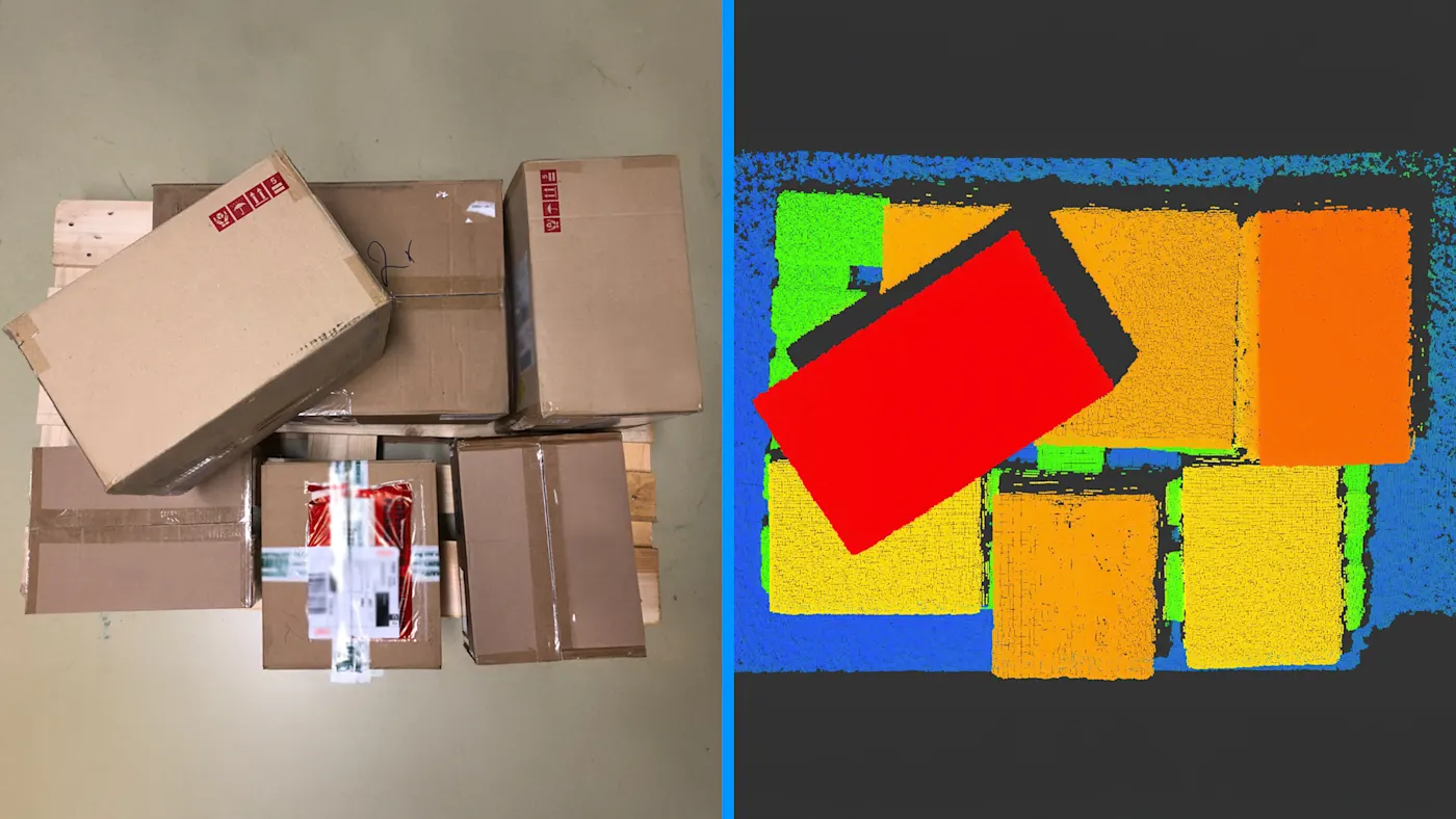 Colis sur palette Euro en 2D (à gauche) et en nuage de points 3D en fausses couleurs (à droite)