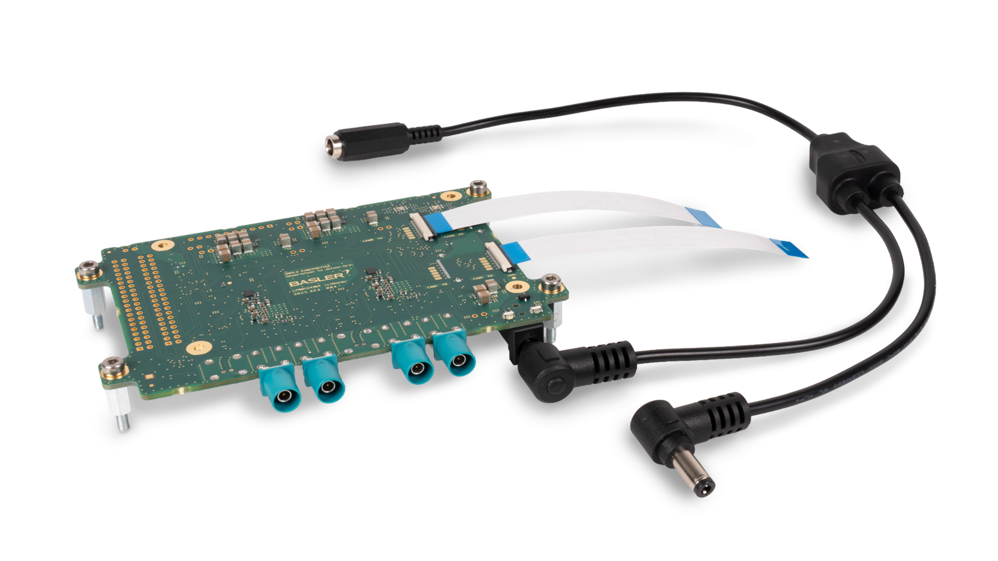The adapter kit (consisting of an adapter board, two flat flex cables, and a power splitter cable) connects up to four ace 2 GMSL cameras with the NVIDIA Jetson Orin Nano™ Super Developer Kit and serves as an aid in the evaluation phase.