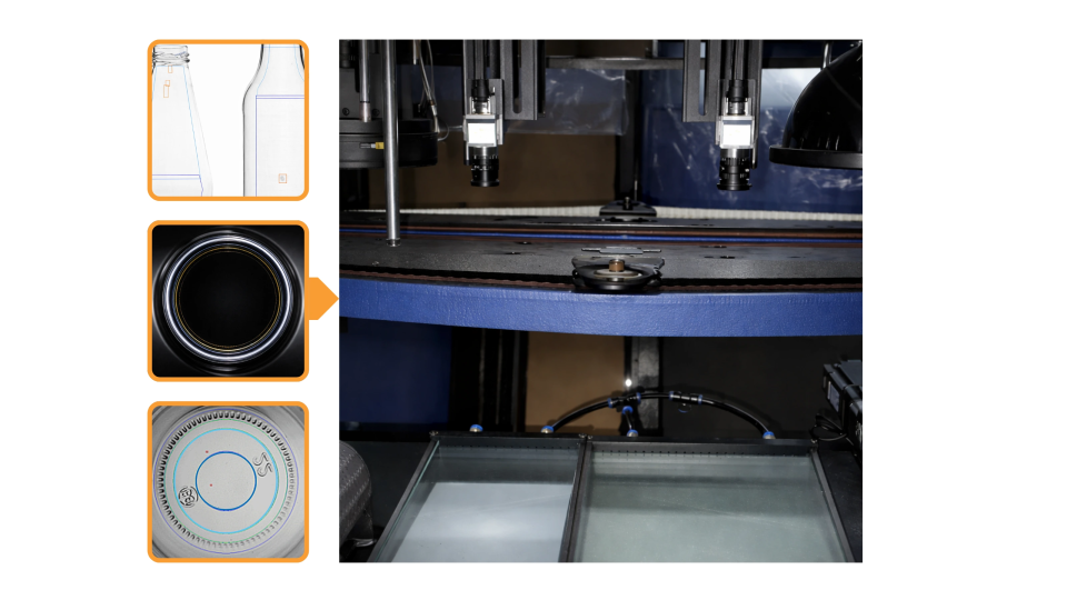 High-speed glass bottle inspection demands fast, glare-free imaging with complete coverage. 