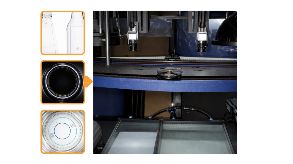High-speed glass bottle inspection demands fast, glare-free imaging with complete coverage. 