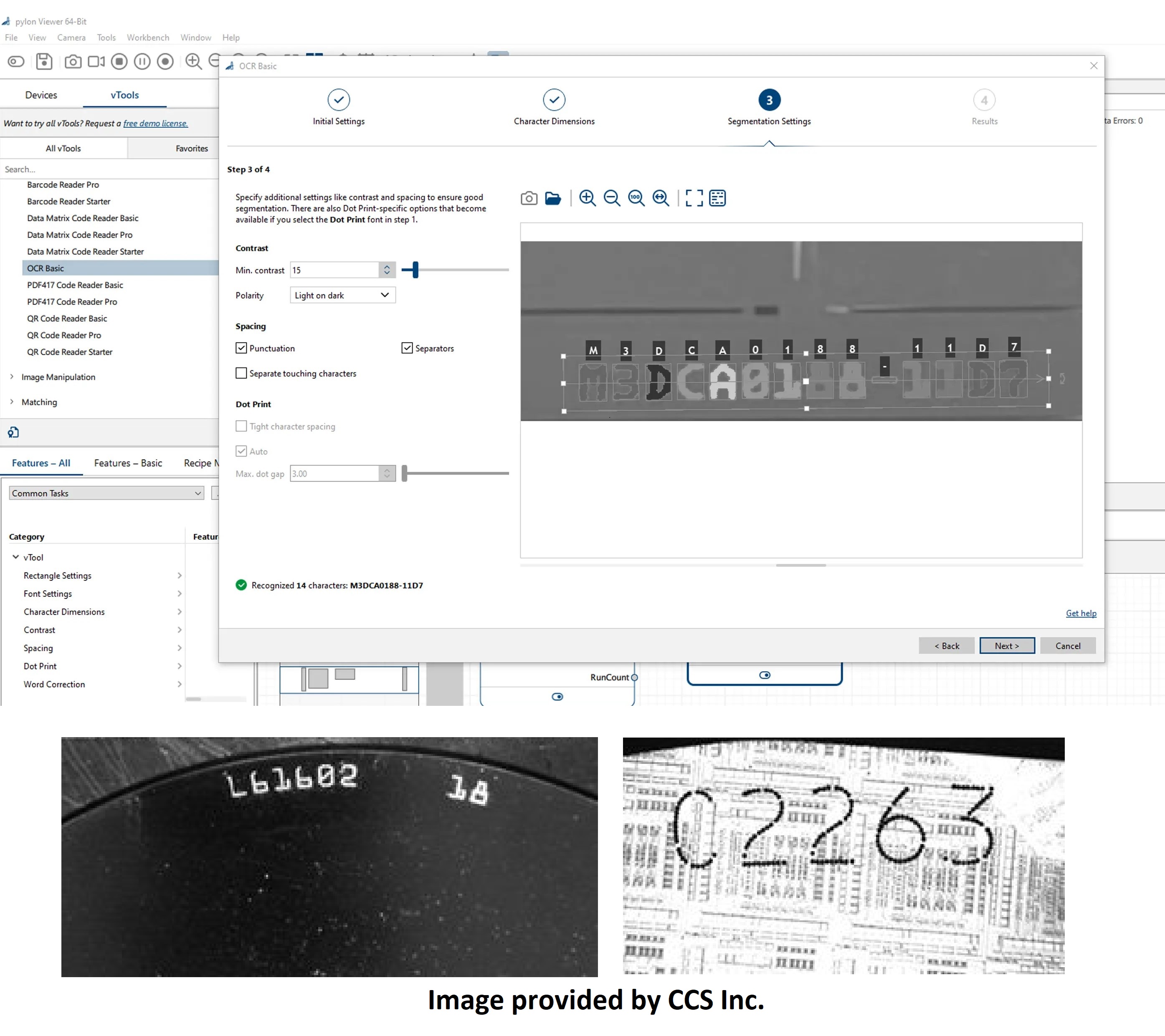 Screenshot der Basler Software bei der OCR-Erkennung einer lasermarkierten Wafer-ID, der die Einstellungen für die Zeichensegmentierung und -erkennung zeigt.