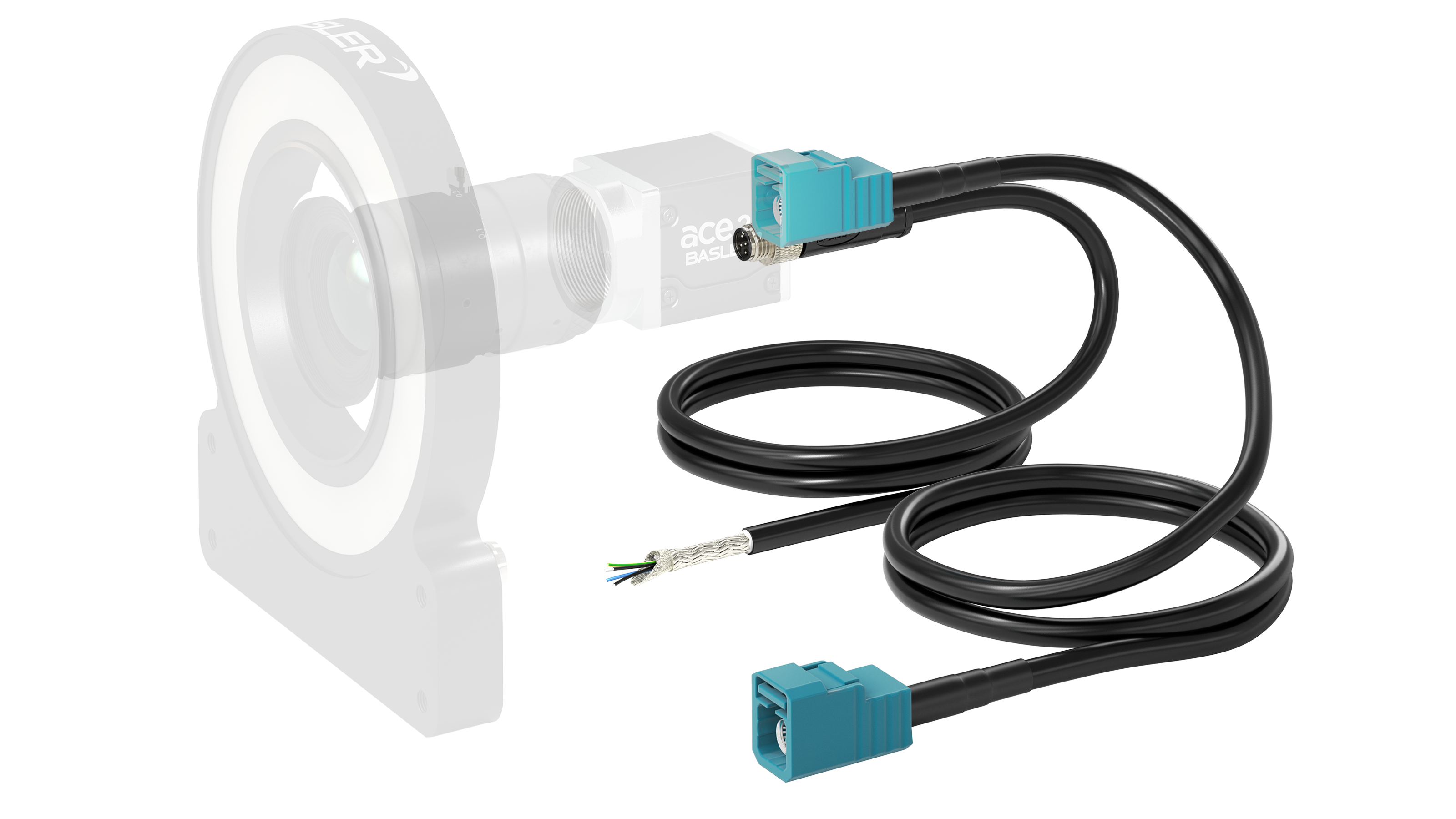 The coaxial cable with FAKRA plug ensures stable data transmission and enables a single-cable solution between the ace 2 GMSL camera and industrial PC thanks to Power over Cable.