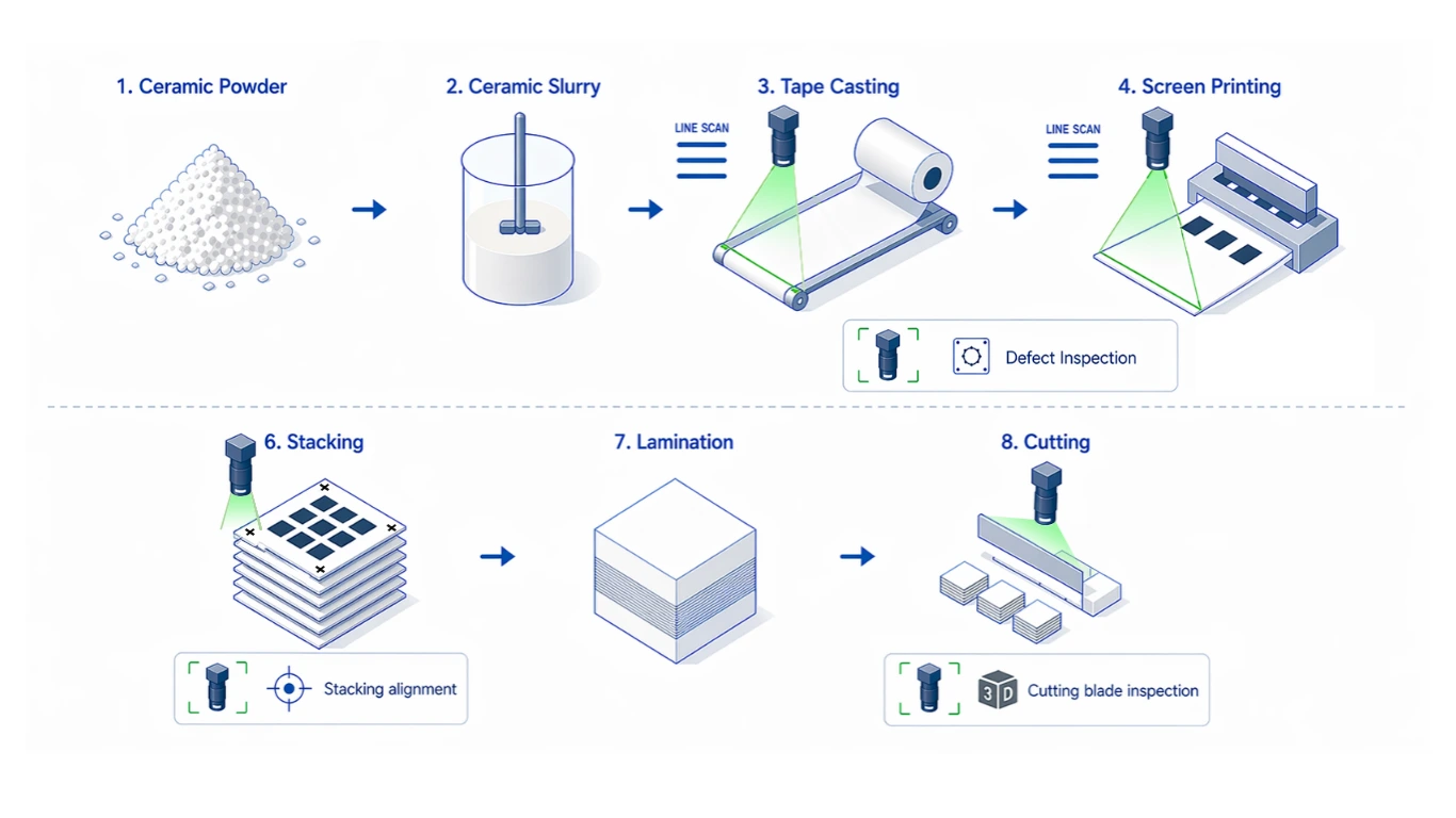 Vision inspection points across MLCC process: line scan for web inspection, alignment control in stacking, and blade chipping 3D inspection in cutting.