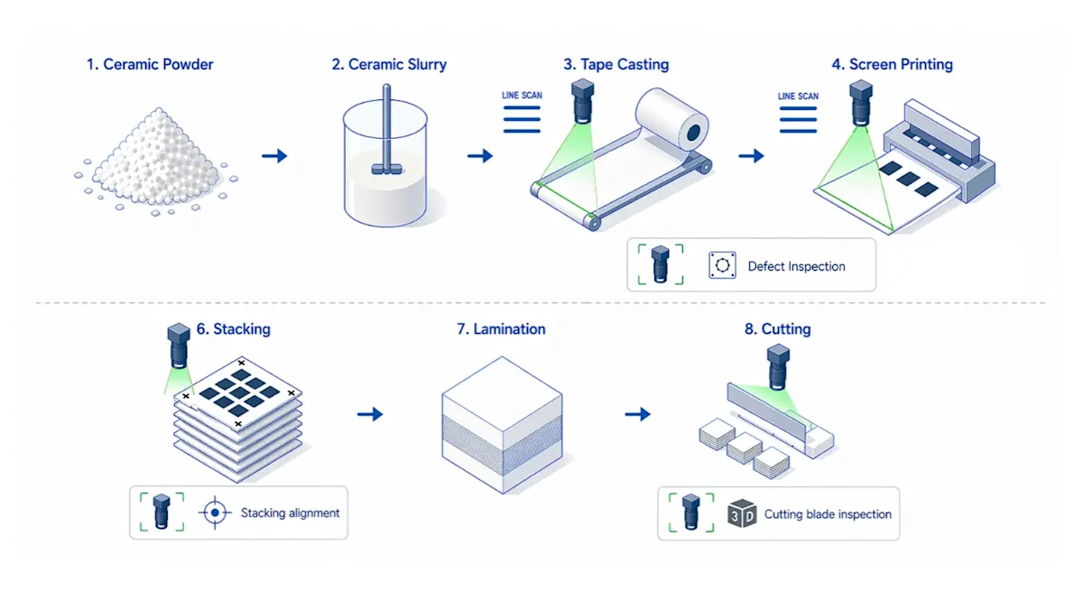 Vision inspection points across MLCC process: line scan for web inspection, alignment control in stacking, and blade chipping 3D inspection in cutting.